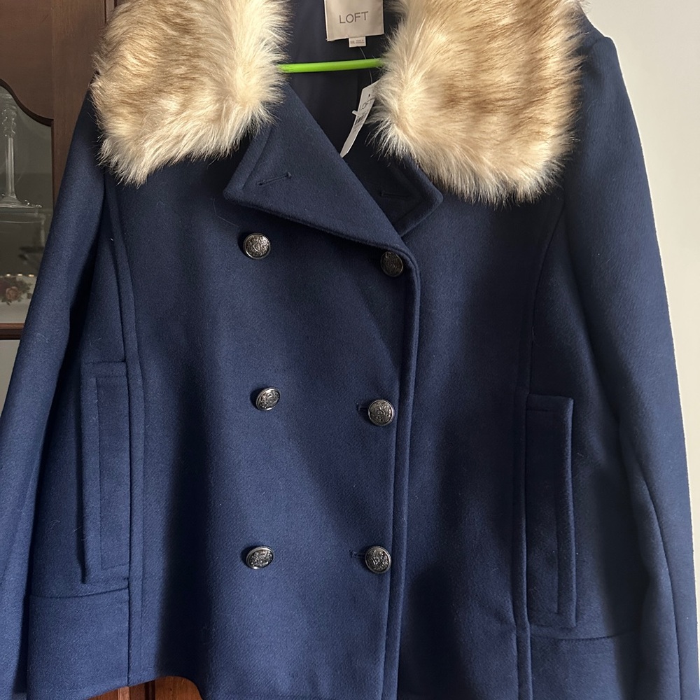 Loft NWT Navy Blue Pea Coat-Removable Faux Fur Collar-Classic Jacket